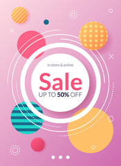 Vertical Sale banner with geometric shapes, lines, dots. Background in Memphis style for promotion, social media post, advertising, Summer Sale, Black Friday. Vector template.