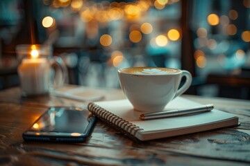 Closeup white cup of coffee with smartphone, notebook and pen on table in cafe. Vintage light, blurred and bokeh background