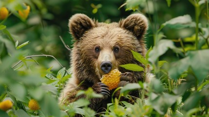 Fototapeta premium bear eats honey on the background of nature. Selective focus