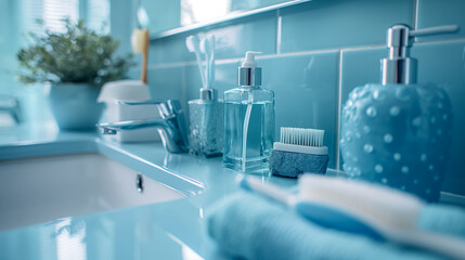 A stylish bathroom shelf with neatly arranged dental hygiene products, including mouthwash, toothpaste, floss, and an electric toothbrush, all against a pristine backdrop.
