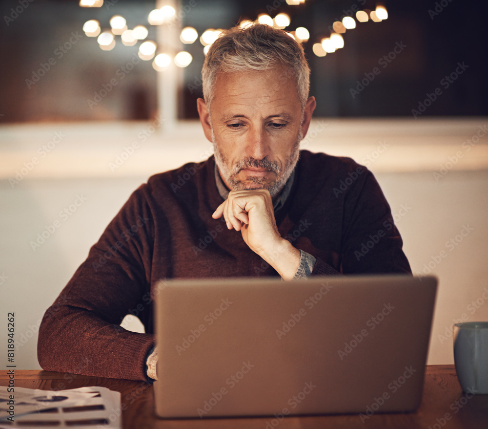 Poster Mature man, working and laptop in home at night for career, planning for coding or programming. Male programmer, dark and house with computer for job with code, thinking with idea for website