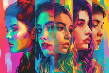 A poster features several lgbt people with different colored hair, in the style of pop art...