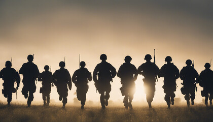 silhouette of soldiers on a morning run, lined up in a row in an open field
