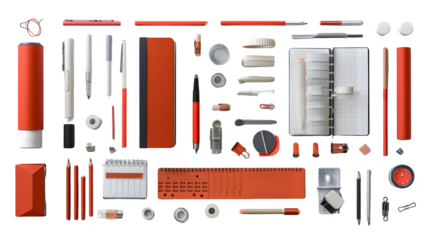 Different stationary object placed in a flat layout isolated on a transparent background, PNG, Ai