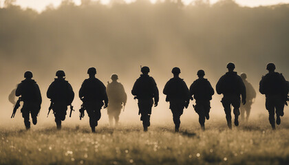 silhouette of soldiers on a morning run, lined up in a row in an open field
