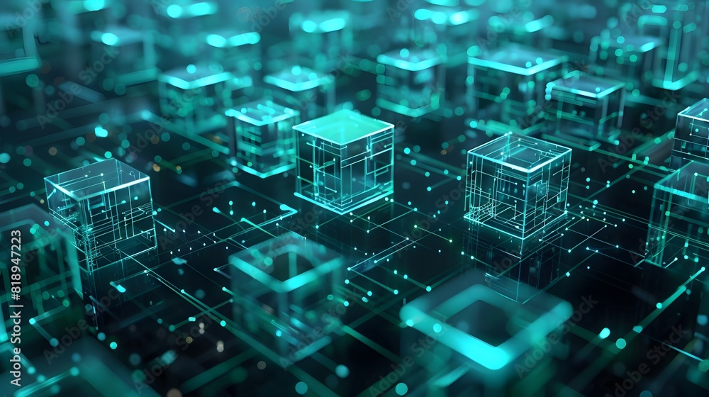 Poster a network of interconnected blocks forming the foundation of a digital cityscape, symbolizing the po