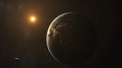 Fototapeta premium Stunning Planetary System in Deep Space with Vibrant Stars and Celestial Bodies Illuminated by a Distant Sun – Perfect for Science, Astronomy, and Space Exploration Themes