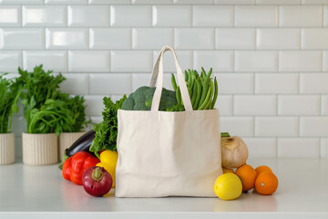 Close up of white tote Bag Brimming with fresh vegetables on kitchen counter