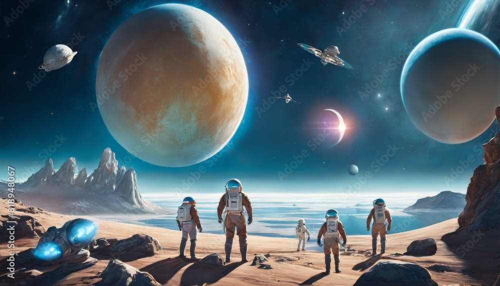 Poster a group of astronauts explores a desert-like alien planet with huge moons visible in the bright sky.