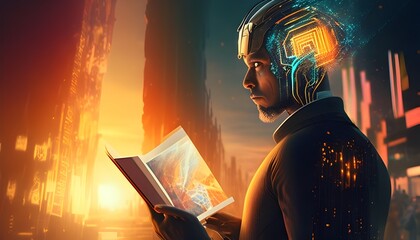 Digital Technology Software Engineer Creating Algorithms with Ethereal Glowing Interfaces in a Retrofuturistic Ambient Urban Setting