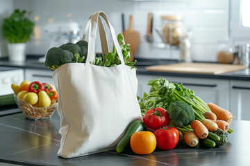 Cotton canvas tote bag with organic vegetables and fruits on kitchen counter