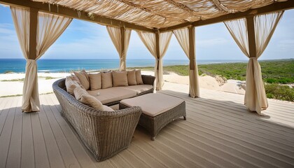 Obraz premium A beachfront cabana with a chic rattan sofa set, flowing curtains, and panoramic views of the ocean.