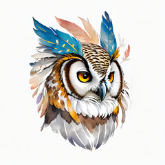 Fototapeta premium Majestic Owl with Feather Headdress Illustration.A striking illustration of a majestic owl adorned with a colorful feather headdress, capturing the essence of native symbolism and the beauty of wild