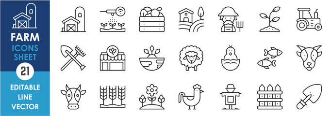 A set of line icons related to farm. Vector outline icons with agriculture. Farm house, farm, chicken, cow, field, irrigation and so on.