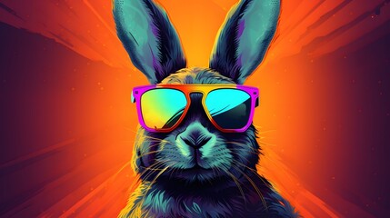 Cool bunny with sunglasses on colorful background. Generative AI.