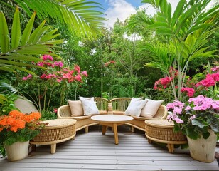 A tropical paradise-themed patio with a bamboo sofa set, lush greenery, and colorful floral arrangements.