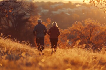 Happy couple jogging outdoors at golden hour