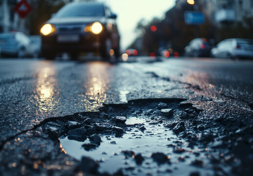 closeup of big deep pothole and car tire on the road