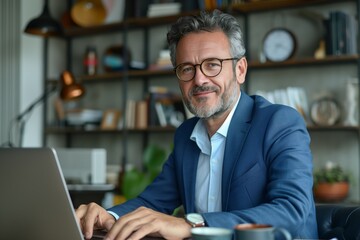 Fototapeta premium Portrait of a confident businessman sitting at a desk with a laptop in an office, looking at the camera