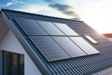 Close up of solar panels on the roof, photovoltaic power plant in modern house at sunset