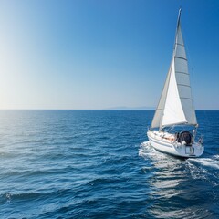 Fototapeta premium A sailboat on the open sea with a clear blue sky and sunlight in the background. white boat on blue sea