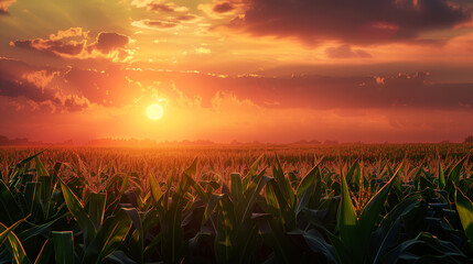 cinematic scene of a cornfield during sunset hours
