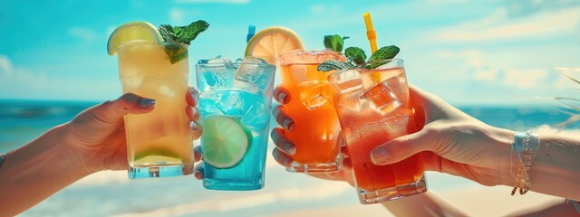 close-up of cocktails in hands on the background of the beach. Selective focus