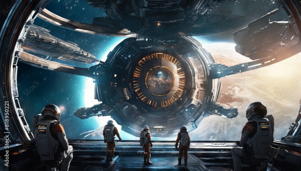 Poster a team of astronauts in a space station observing a large, futuristic portal overlooking a stunning 