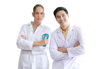 Smiling teamwork and smart of Young Caucasian Female and Asian male psychiatrist are specialist in psychiatry in Clinical treatment for emotional symptoms
