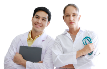 Smiling teamwork and smart of Young Caucasian Female and Asian male psychiatrist are specialist in psychiatry in Clinical treatment for emotional symptoms