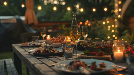 A festive table setup with traditional holiday foods, decorations, and outdoor lights for an Independence Day party.