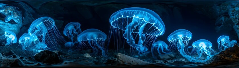 Ethereal Jellyfish Bioluminescence Forming Mystical Path for Ancient Underwater Pilgrimage