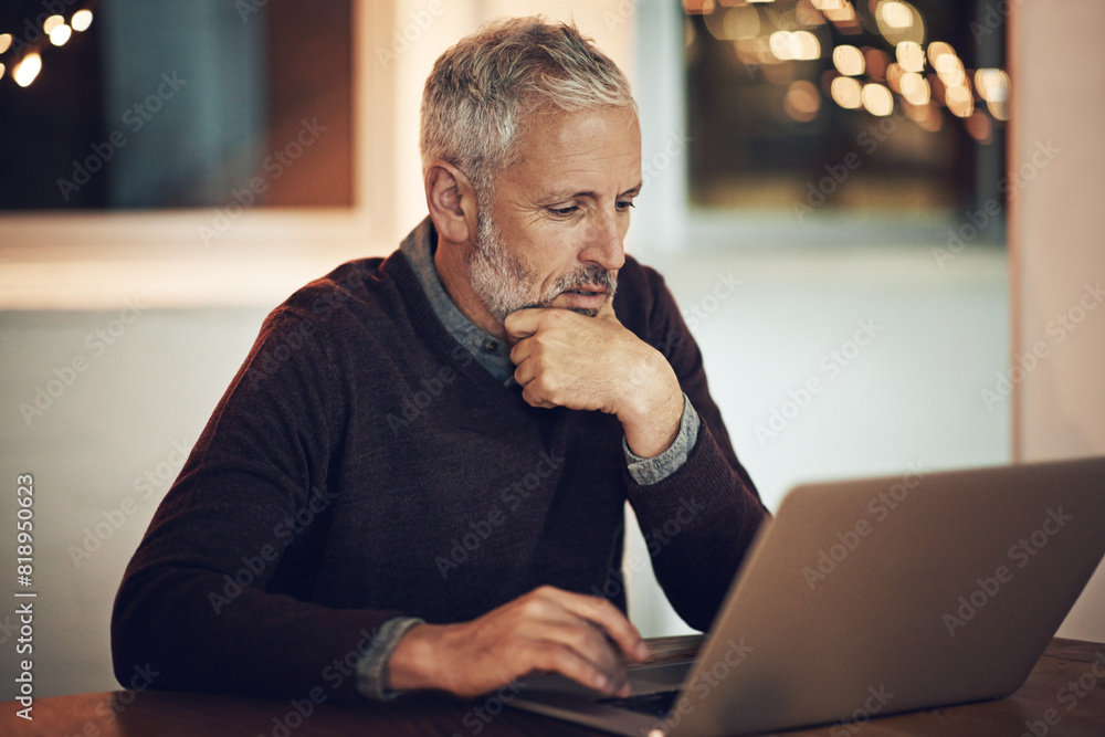 Poster Mature man, working and laptop in house at night for career, planning for coding or programming. Male programmer, hands and home with computer for job with code, thinking with idea for website