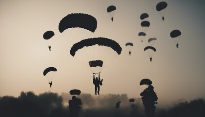 silhouettes of parachuting soldiers in the sky.