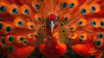 A stunning close-up photograph of a resplendent orange peacock with its tail feathers spread in a vibrant display of color and iridescence.