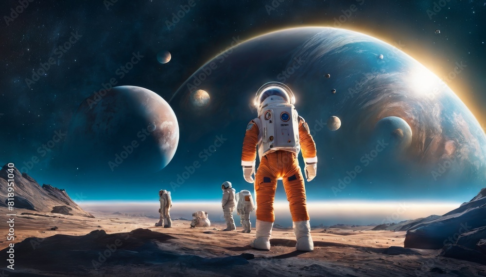 Poster a striking digital art piece showcasing astronauts on an alien planet with a dramatic space skyline 