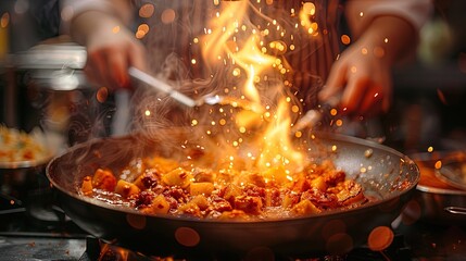 A chef is cooking food in a pan with a lot of smoke and fire