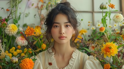 A woman is surrounded by flowers and is wearing a white dress