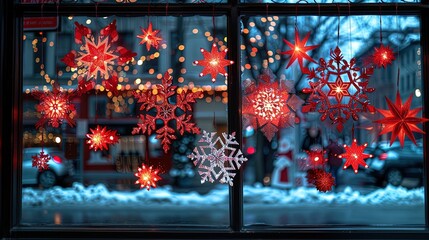 A window with a lot of red snowflakes hanging from it