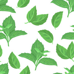 Green mint leaves seamless pattern. Botanical background. Vector cartoon illustration.