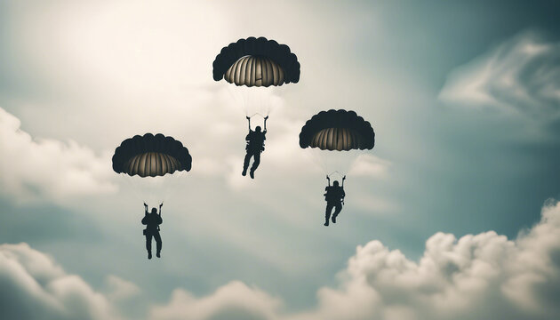 silhouettes of parachuting soldiers in the sky.