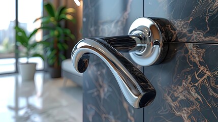 A shiny silver door handle with a black handle
