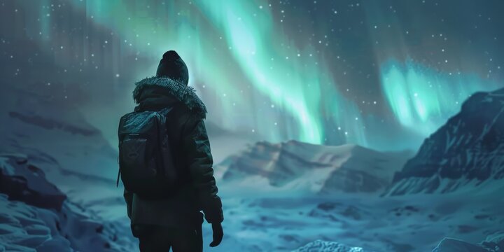 silueta persona aventurera en un viaje para ver auroras boreales, excursionista contemplando una aurora boreal, paisaje minimalista aurora boreal