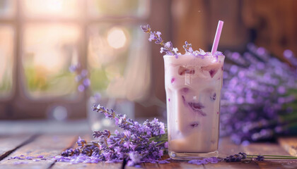 Iced lavender latte with a straw and lavender garnish, showcasing the blend of flavors and elegance...
