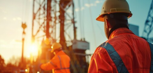 Oil workers in safety gear inspecting a drilling rig, emphasizing workplace safety close up, occupational health, realistic, Overlay, oil field