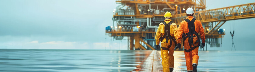 Oil workers in full safety gear walking towards a rig, emphasizing the importance of protective equipment copy space, safety measures, ethereal, Multilayer, offshore platform