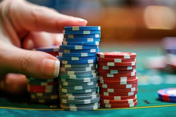 Naklejka premium Casino poker chips in a dealer s hand, emphasizing the role of the dealer in the game selective focus, dealer s role, dynamic, Fusion, card table