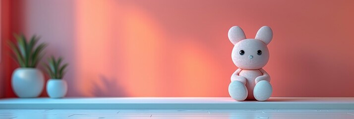 Fototapeta premium A small toy rabbit sitting on a table