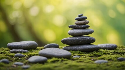 zen stones on moss arranged in perfect balance against the forest bokeh backdrop, the concept of expanding consciousness and mind, meditation at nature