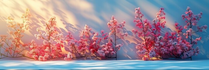 A painting featuring pink flowers contrasted against a snowy background